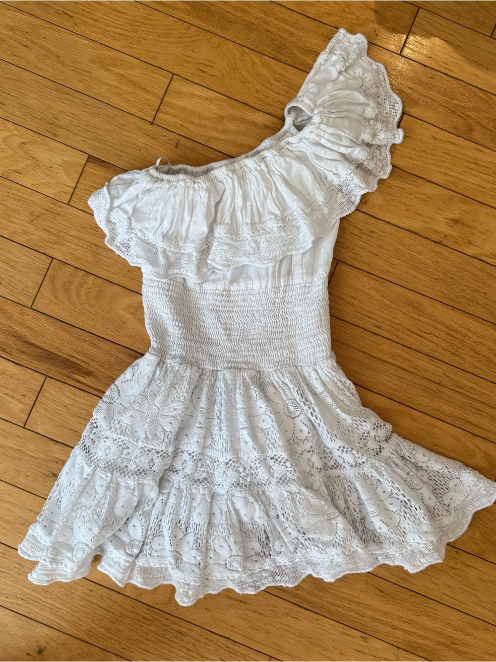 Place Nationale x Free People | White One-Shoulder Lace Ruffle Linen Mini Dress